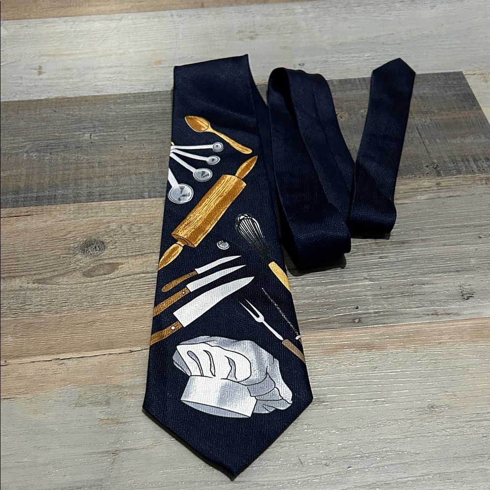 A. Roger’s Chef-Themed Navy Tie Silk Gift for him Formal Career Handmade Office